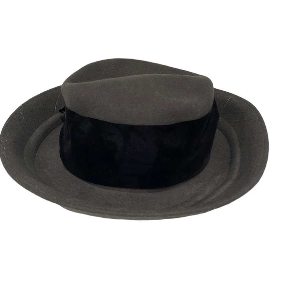 Grey wool hat with black velvet and satin bow.